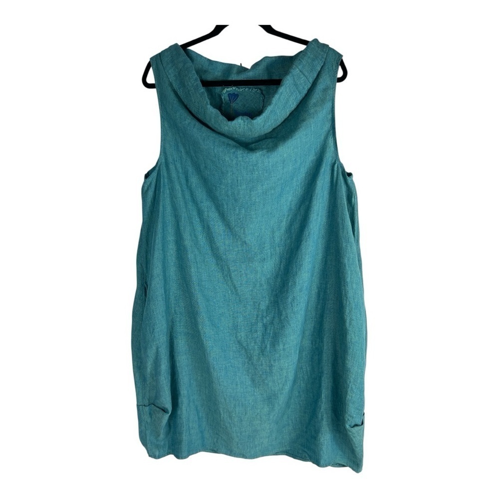 Yuvita Linens Sz XL Midi Cowl Neck Linen Sleeveless Dress Blue/Green Lagenlook
